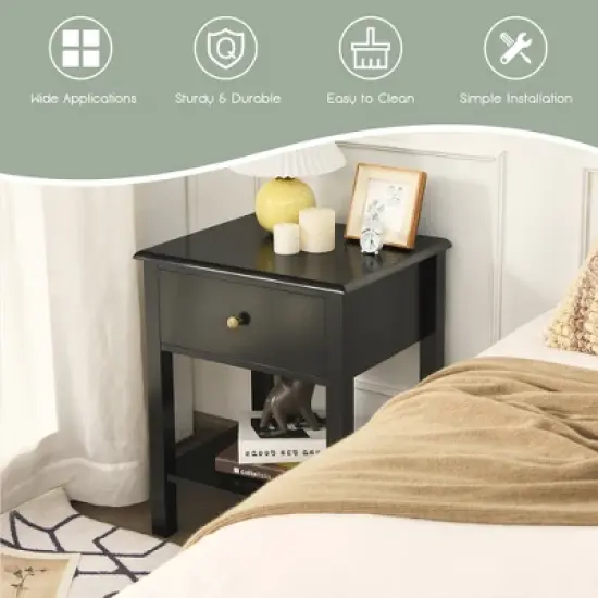 Costway 2PCS Nightstand  Drawer Shelf Storage Display Black image {4}