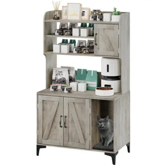 Cat Litter Box Enclosure with Shelves,Hidden Cat Box Cabinet Furniture with Scratching Mat,Wood Sturdy Cat Washroom Storage, Indoor Cat House image {2}