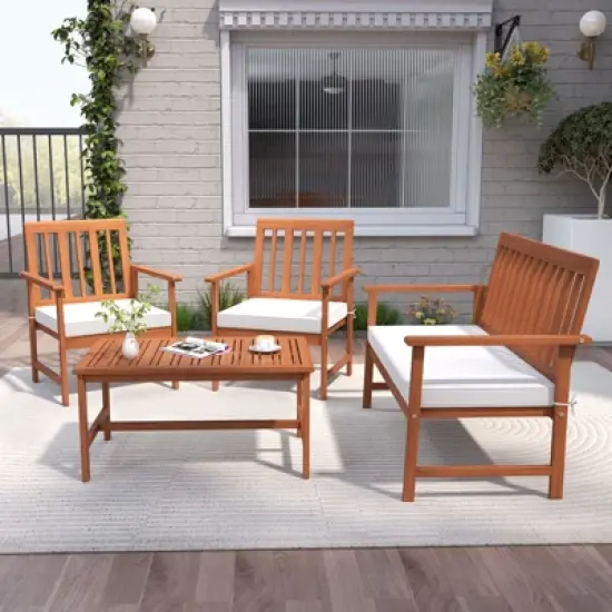 Tangkula 4-Piece Acacia Wood Patio Conversation Set Outdoor Furniture Set w/ 2 Armchairs image {3}