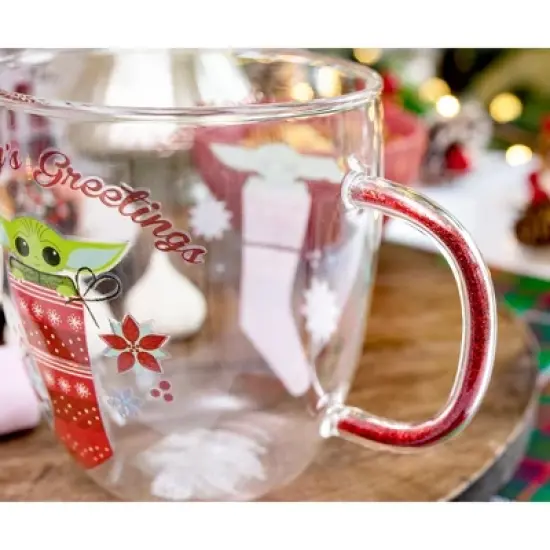 Silver Buffalo Star Wars: The Mandalorian Grogu Holiday Glitter Handle Glass Mug  | 14 Ounces image {3}
