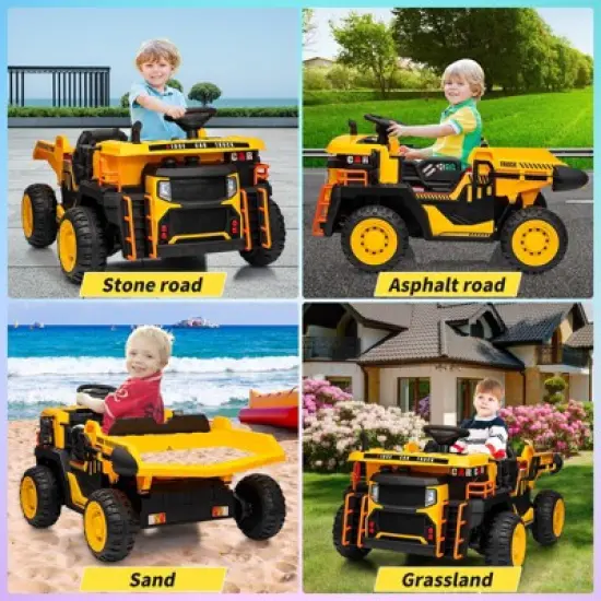 Garvee 24V 2-Seater Ride-On Dump Truck for Kids, Electric Construction Vehicle with Remote Control,Motorized Dump Bed, Shovel,LED Lights,Music,Yellow image {3}