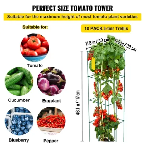 VEVOR Tomato Cages, 11.8\" x 11.8\" x 46.1\", 10 Packs Square Plant Support Cages, Green PVC-Coated Steel Tomato Towers , Green image {5}