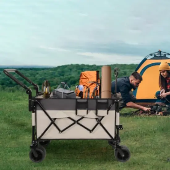 FURNIinspire Outdoor Serving Carts Multi Functional Push Pull Folding Wagon Cart with Rotating Handle All-Terrain Wheele, Gray, 48.43"*22.83"*43.7" image {4}