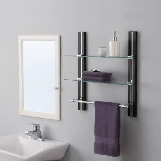 Two Tier Deluxe Wood Glass Shelf with Towel Bar Brown - Organize It All image {2}