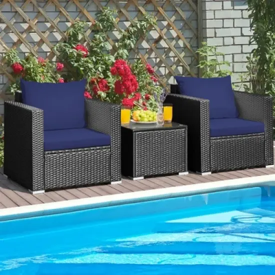 Tangkula 3PCS Rattan Patio Conversation Furniture Set Outdoor w/ Navy Cushions image {2}