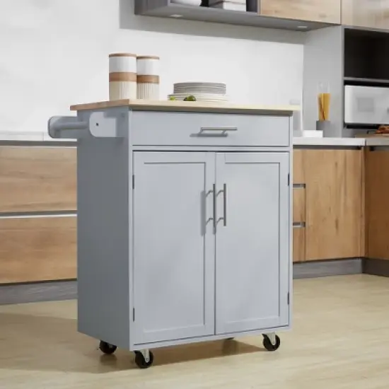 HOMCOM Kitchen Island Cart Rolling Trolley Cart with Drawer, Storage Cabinet & Towel Rack, Gray image {2}