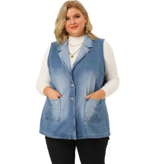 Agnes Orinda Women's Plus Size Denim Relax Notched Lapel Jacket Vest image {3}
