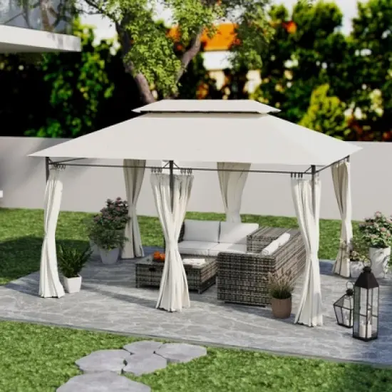 Outsunny&nbsp;10'&nbsp;x&nbsp;13' Patio Gazebo, Double Roof Outdoor Gazebo with Curtains and Metal Frame for Garden, Lawn, Backyard and Deck, Cream White image {2}