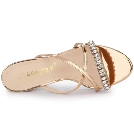 Allegra K Women's Crisscross Strap Rhinestone Block Heel Slide Sandals image {4}
