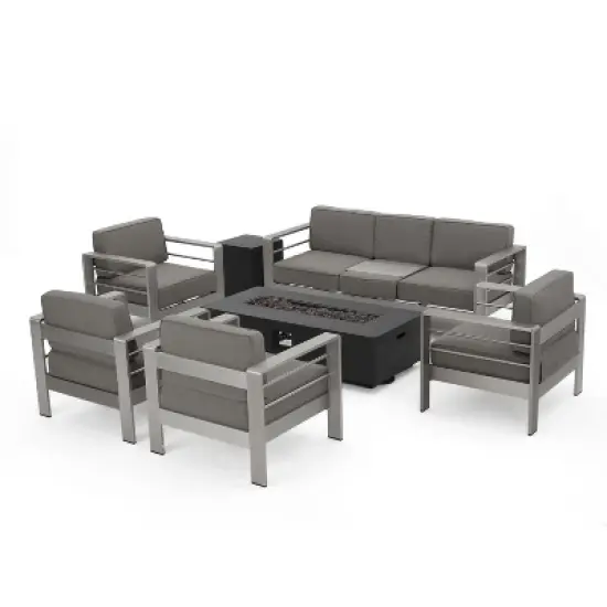 Christopher Knight Home Cape Coral Outdoor Aluminum 7 Seater Chat Set with Fire Pit image {1}