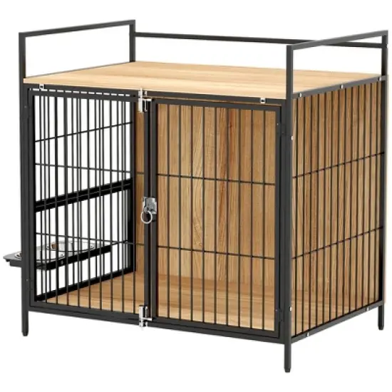 PawHut Dog Crate Furniture, 30 Inch Pet Kennel Furniture End Side Table with Rotatable Bowls, 2 Anti-Escape Doors, Top Storage Shelf, for M Dogs, Oak image {3}