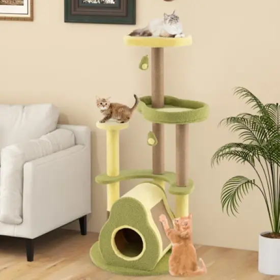 Tangkula Avocado Cat Tree Multi-level Cat Tower w/ Private Condo Cat Self-grooming Brush image {3}