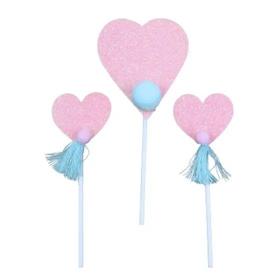 O'Creme Pink Glitter Heart Cake Toppers with Pompom or Tassel, Total 3 Pieces image {1}