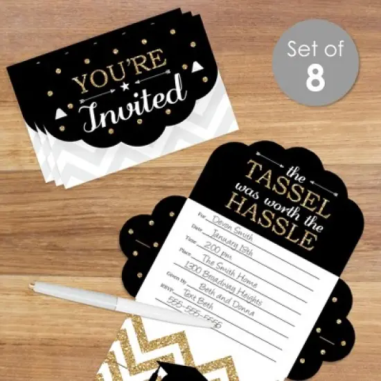 Big Dot of Happiness Tassel Worth The Hassle - Gold - Fill-In Cards - Graduation Party Fold and Send Invitations - Set of 8 image {1}