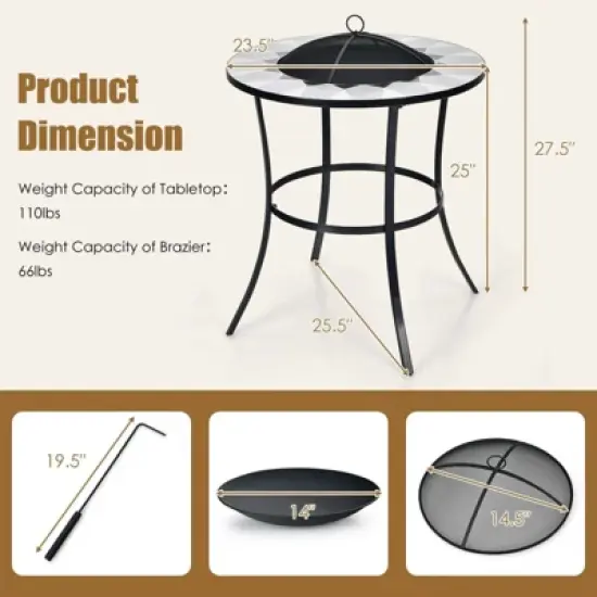 WELLFOR 23.5" Wood Burning Dining Fire Table With Mesh Cover & Poker W-10388 Black image {5}