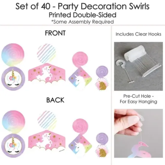 Big Dot of Happiness Rainbow Unicorn - Magical Unicorn Baby Shower or Birthday Party Hanging Decor - Party Decoration Swirls - Set of 40 image {4}
