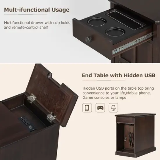 Classic Vintage End Table with USB Ports and a Multipurpose Drawer with Cup Holders - ModernLuxe image {9}