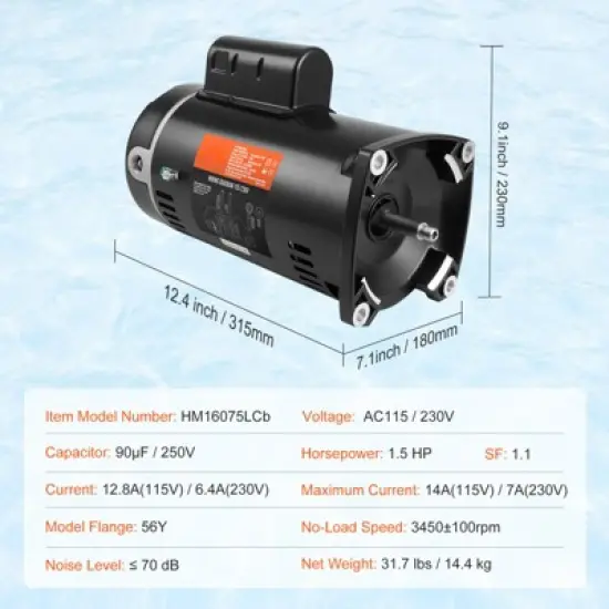 VEVOR 1.5 HP Pool Pump Motor, 56Y Frame, 115V((12.8 Amps))/230V(6.4 Amps) 3450 RPM, 60Hz, 1.1 Service Factor, 90&mu;F/250V Capacitor, image {7}