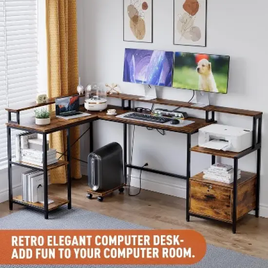 L Shaped Office Desk - 76" Reversible L Shaped Computer Desk Office Desk with Power Outlet and File Drawer Gaming Desk with Monitor Shelf Desk image {3}
