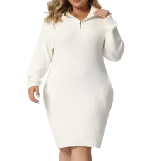 Agnes Orinda Women's Plus Size Knit Long Sleeve Zipper Collar Pullover Mini Sweater Dresses image {6}