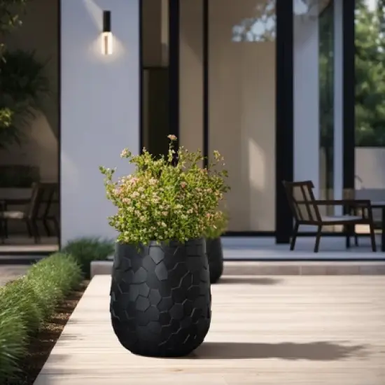 LuxenHome Round Black Geometric Planter &ndash; Indoor/Outdoor MgO Pot with Drainage Plug image {3}