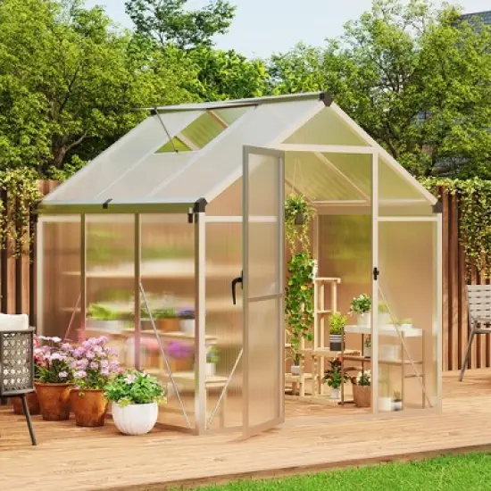 6x6FT Walk in Polycarbonate Greenhouses with Enhanced Aluminum Frame and Roof Vent for Outdoors and Seasons Garden Planting Silver image {8}