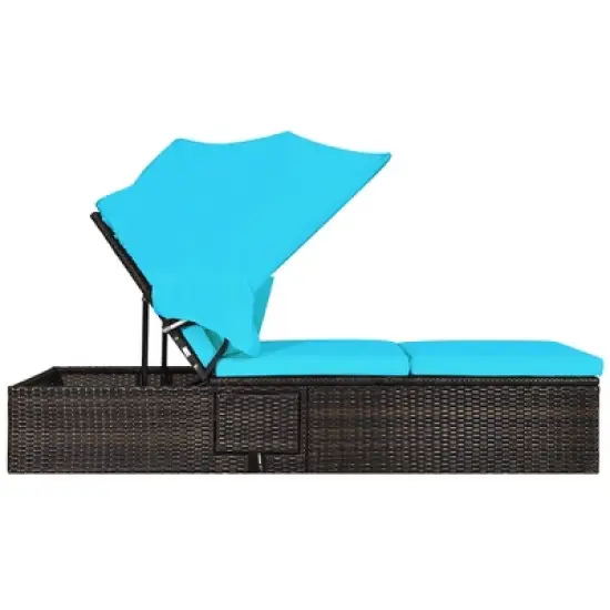 Costway Patio Rattan Lounge Chair Chaise Cushioned Top Canopy Adjustable Turquoise image {9}