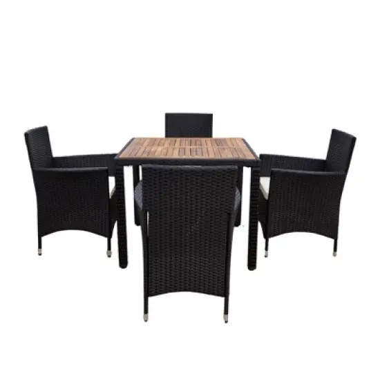 YOOCOZZ Outdoor Patio Weatherproof Wicker Rattan Dining Set with Acacia Wood Tabletop - Black+Cream image {9}