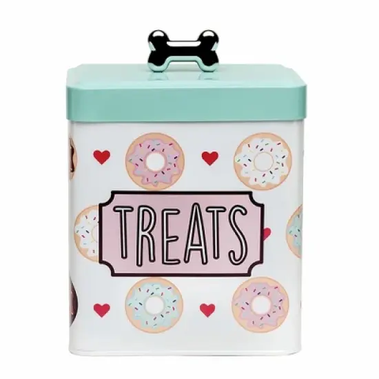 Amici Pet Barkers Dozen Metal Treats Canister - Colorful Cartoon Donut Design Storage Tin with Silver Bone Knob Lid, Food Safe - 96 oz image {6}