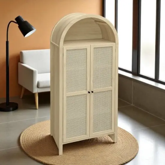 70" Arched Kitchen Pantry Cabinet with Rattan Doors and Adjustable Shelves, Freestanding Storage Display Cabinet for Kitchen, Dining Room image {5}