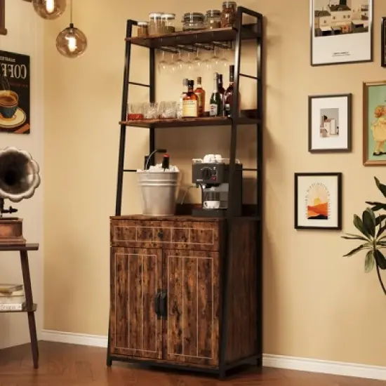 Bakers Rack with Drawer 70.8" Baker Rack with Cabinet Tall Bar Cabinet Industrial Kitchen Stand Large Microwave Storage Stand Freestanding Tall Bar image {2}