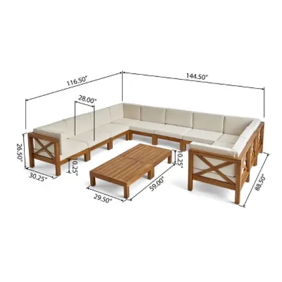 Christopher Knight Home Keith Outdoor Acacia Wood 10 Seater Sectional Sofa Chat Set with Cushions image {2}