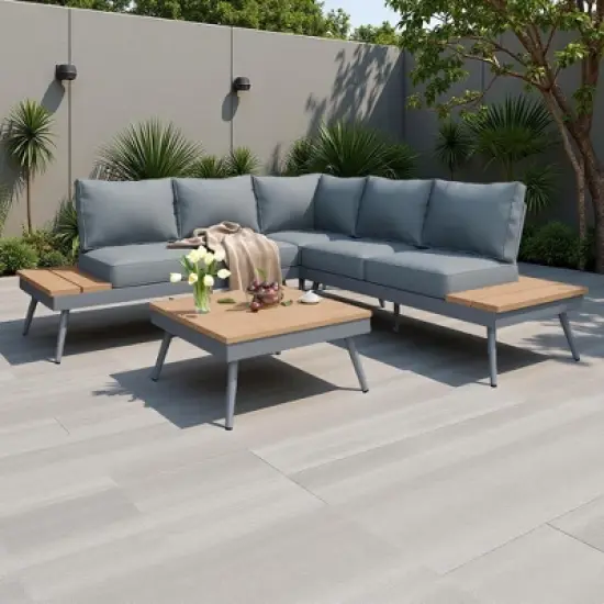 94.5" Outdoor Patio Aluminum L-Shaped Sectional Sofa Set with Coffee Table and Side Table image {12}