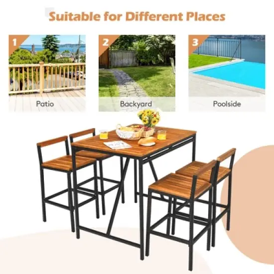 Costway 5PCS Patio Rattan Bar Table Stool Set Acacia Wood Top W/Umbrella Hole image {4}