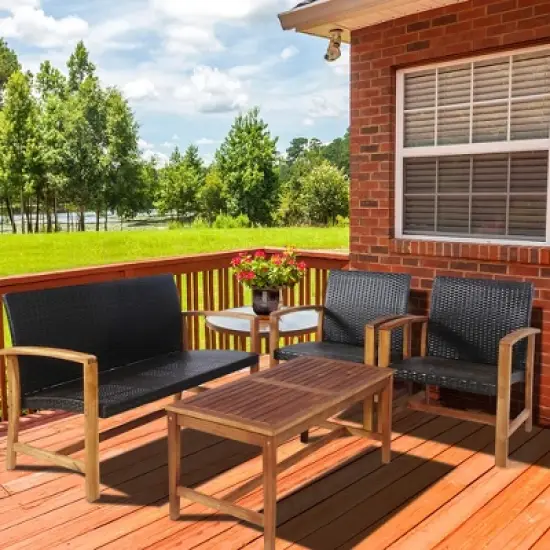 Tangkula 4PCS Patio Conversation Set Outdoor Furniture Set w/ Acacia Wood Frame image {2}