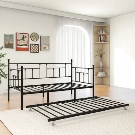 Twin Size Daybed Metal Frame with Trundle Set, Twin Day Bed Sofa, Daybed and Roll Sofa Bed for Guest Room, Bedroom, Living Room, Victorian Style image {11}