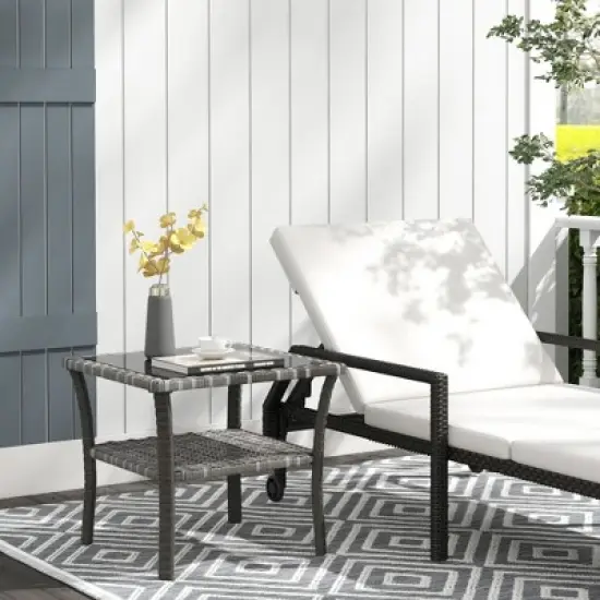 NicBex 20" Rattan Outdoor Side Table with Storage,Outdoor Coffee Table with Tempered Glass Top,Square End Table with Aluminum/Steel Frame for Garden image {5}
