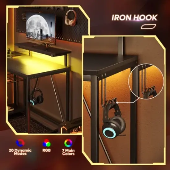 Bestier 42" Reversible L-Shaped Gaming Desk with Power Outlets LED Lights and Monitor Stand &Storage Shelves & Hooks for Bedrooms & Home Offices image {6}