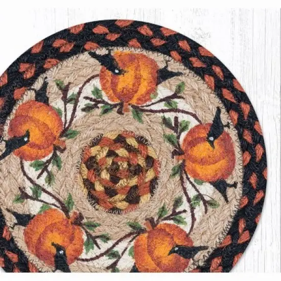 Earth Rugs Pumpkin Crow Printed Round Trivet &ndash; 10"x10" Braided Jute Autumn Hot Pad with Primitive Folk Art Harvest Design image {1}