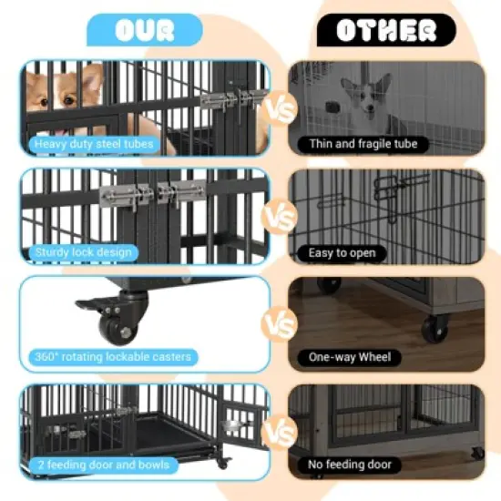42"/48"/52" Heavy Duty Dog Crate, Extra Large Metal Dog Kennel with Roof Top, 2 Door Pet Cage House with Removable Tray and Wheels image {5}