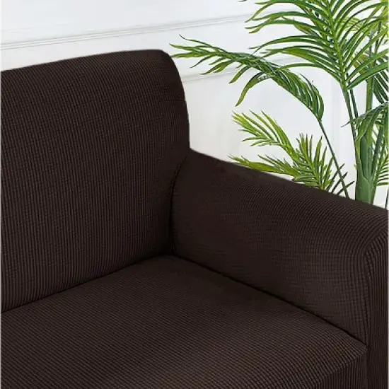 Home Mart Goods Chocolate Brown 3-Piece Set 4-Way Stretch Ruffled Skirt Slipcover Sofa Loveseat & Armchair Cover Protector image {2}