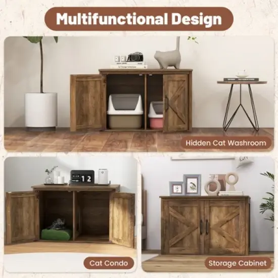 Tangkula Cat Litter Box Enclosure w/ Double Barn Doors Removable Divider Middle Entry image {4}