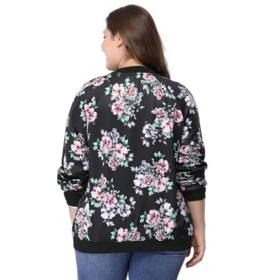 Agnes Orinda Women's Plus Size Zipper Raglan Sleeves Floral Bomber Jacket image {4}