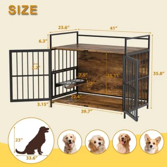 Furniture Style Large Dog Crate with 360&deg; & Adjustable Raised Feeder for Dogs 2 Stainless Steel Bowls -End Table House Pad image {9}