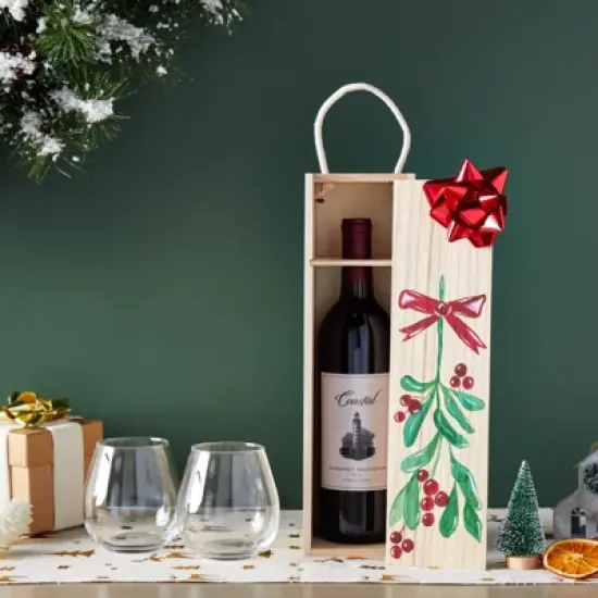 Juvale Wooden Wine Bottle Gift Box with Handle for Holidays, Anniversary, Wedding, Housewarming, 4 x 14 Inches image {1}