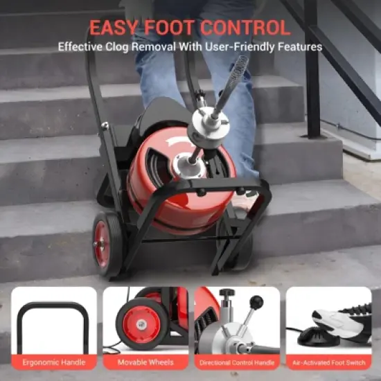 Drain Cleaning Machine 100Ft 1/2 Inch Cable, Sewer Snake Machine Auto Feed, Drain Auger with 4 Cutters & Air-activated Foot Switch for 2" to 4" Pipes image {4}