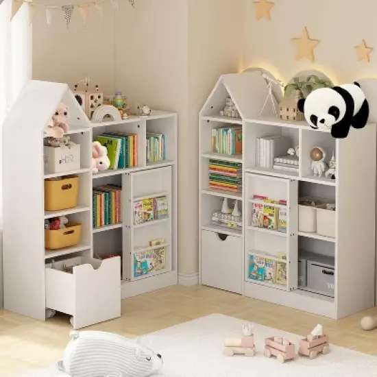 44" Kids Bookshelf Storage，Toy Organizer with Movable Drawers，Floor Storage Chest, Kids Reading Nook for Playroom Classroom image {4}