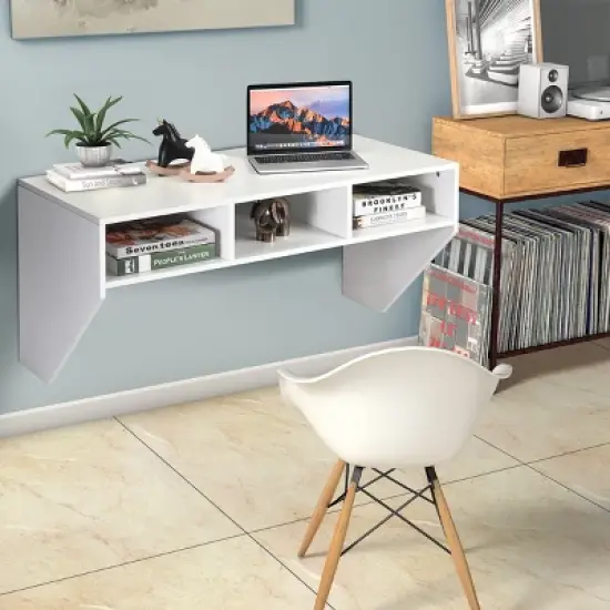 Wall Mounted Floating Computer Table Desk Home Office Furni Storage Shelf White image {4}