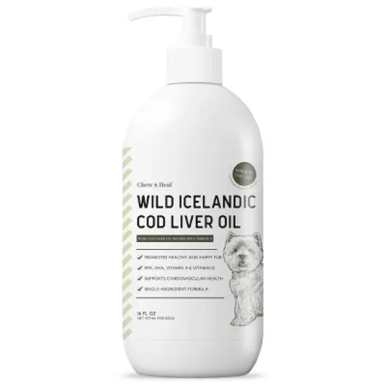 Chew + Heal Pure Cod Liver Oil Omega Skin & Coat Liquid Supplement for Dogs, 16-oz bottle image {8}