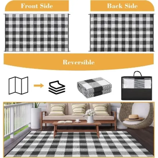 Waterproof Outdoor Rug Uv Resistant Plastic Straw Rug Modern Checkerboard Reversible Plaid Camping Carpet Picnic Mat for Beach, Backyard image {5}